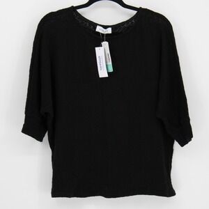 NEW Gilli $68 Medium Black Pointelle Scoop Neck 3/4 Sleeve 100% Cotton Sweater